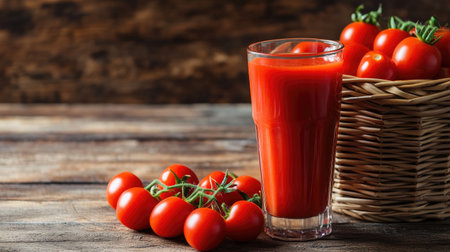 A basket full of ripe red tomatoes and a glass of fresh tomato juice placed on a rustic wooden surface.の素材