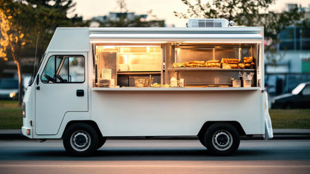 A clean white food truck with an open side door stands ready for service on the roadside.の素材