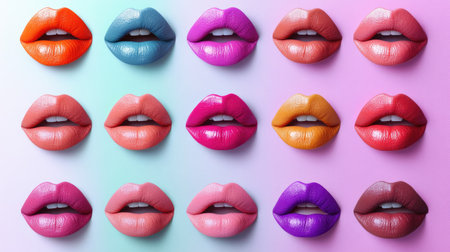 A creative set of bright lips in various colors on a pastel background, emphasizing bold, unique styleの素材