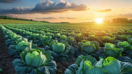A beautiful field of cabbages growing in farmland, with the sun setting behind, creating a peaceful rural sceneの素材