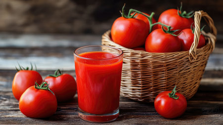 A basket full of ripe red tomatoes and a glass of fresh tomato juice placed on a rustic wooden surface.の素材