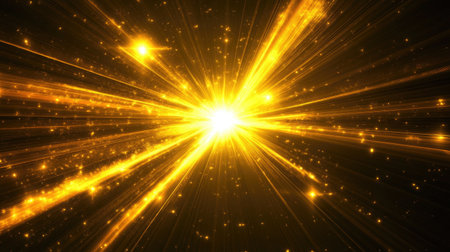 A digital burst of glowing yellow light rays on a black background, creating a star-like lens flare effect.の素材