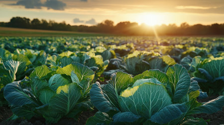 A beautiful field of cabbages growing in farmland, with the sun setting behind, creating a peaceful rural sceneの素材