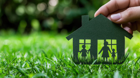 A hand holds a paper cutout of a house and family on green grass, symbolizing home, safety, and family values.の素材
