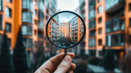 A magnifying glass in the hand of a real estate agent focuses on apartment buildings, highlighting property details.の素材