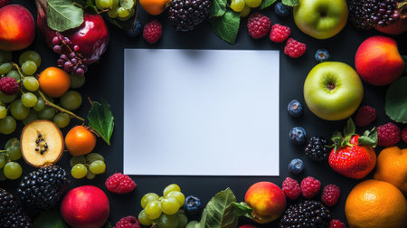 A sheet of white paper placed among vibrant summer fruits, creating a fresh and inviting design with copy space.の素材