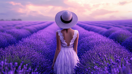 Back view of a woman in a hat and dress standing amidst rows of lavender flowers, with the horizon stretching ahead.の素材
