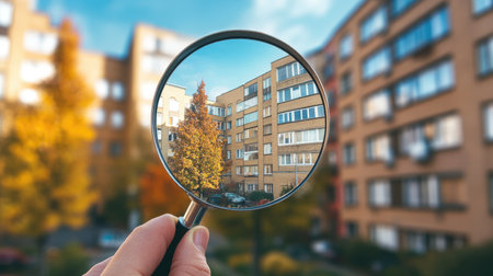 A real estate agent inspects a row of apartment buildings through a magnifying glass, symbolizing attention to detail.の素材