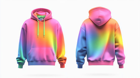 A vibrant rainbow hoodie mockup, shown from both front and back, isolated on a clean white backgroundの素材