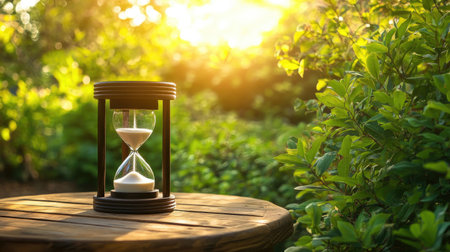 A timeless hourglass sits on a rustic wooden table in a tranquil garden, surrounded by greenery and soft sunlight.の素材