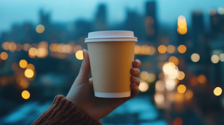 A woman hand clutching a blank coffee cup mockup, with blurred city lights in the background at evening.の素材