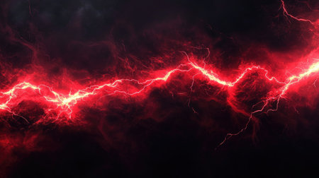 An abstract red lightning bolt cracks across a dark background, creating an intense electric energy.の素材