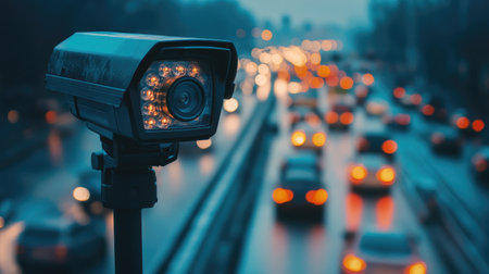 CCTV camera pointed at a congested highway, capturing the traffic jam, with cars blurred in the distance.の素材