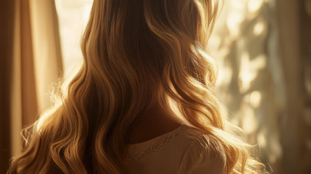Close-up of a girl with long blonde hair cascading down her back, illuminated by soft natural lighting.の素材