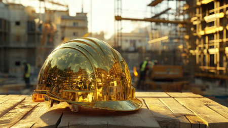 Golden construction helmet resting on a wooden table, with a construction site and workers visible in the background.の素材