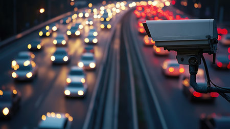 CCTV camera watching over a busy highway, with blurred cars in a traffic jam visible in the background, symbolizing road safetyの素材
