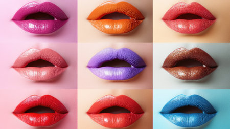 Multicolored women lips arranged on a pastel backdrop, highlighting different shades and textures of makeup.の素材