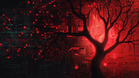 A fusion of nature and technology, featuring an abstract tree silhouette glowing in red, with circuit board details in the branches.の素材