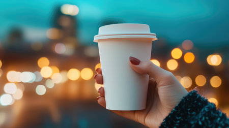 Woman hand holding a blank white coffee cup mockup, with a soft blurred cityscape at twilight in the background.の素材
