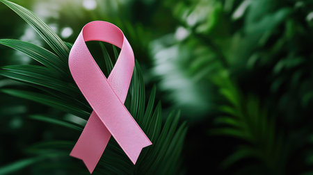 Pink cancer awareness ribbon on a lush green background, representing strength and support in the cancer community.の素材