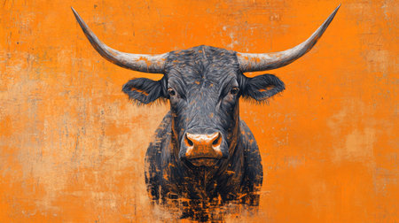 Artistic bull portrait with bold horns and abstract textures, set against a striking orange background for dramatic effect.の素材