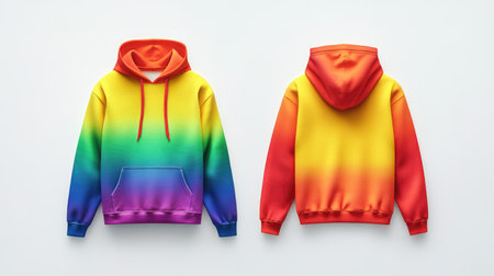 Front and back view of a rainbow-colored blank hoodie mockup, placed on a white background for apparel design.の素材