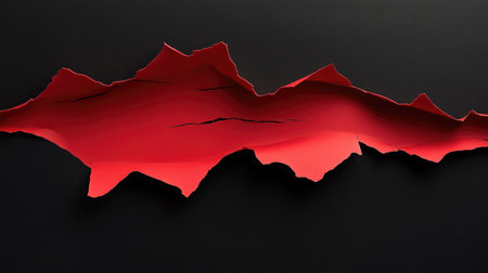 Jagged red paper edges tearing through a black background, forming a bold, abstract design element.の素材