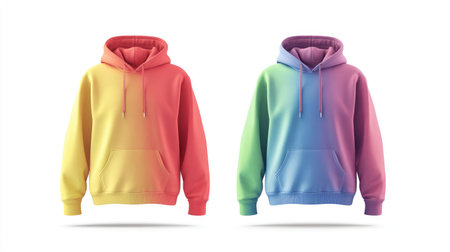 Front and back view of a rainbow-colored blank hoodie mockup, placed on a white background for apparel design.の素材
