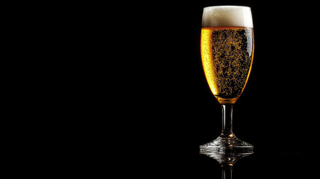 Refreshing beer in a clear glass on a black background, highlighting the golden liquid and foam.の素材