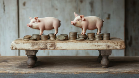 A rustic wooden board scale with pigs outweighing coins. A visual metaphor for finances, savings, and investments.の素材
