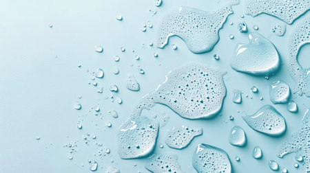 Clear water drops scattered across a light blue background, creating a fresh and clean visual effect.の素材