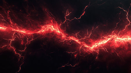 Red lightning bolts flash across a dark sky-like abstract background, emitting an intense glow of energy.の素材
