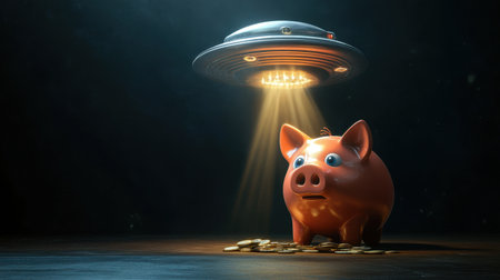 A piggy bank with a flying saucer-shaped UFO hovering above, stealing coins using a beam of light. Dark background, space for text. 3D illustration on finance.の素材