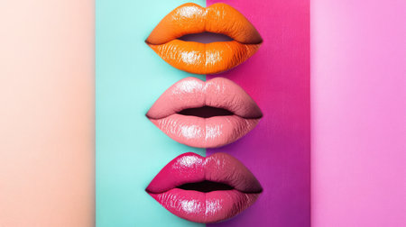 Multicolored women lips arranged on a pastel backdrop, highlighting different shades and textures of makeup.の素材