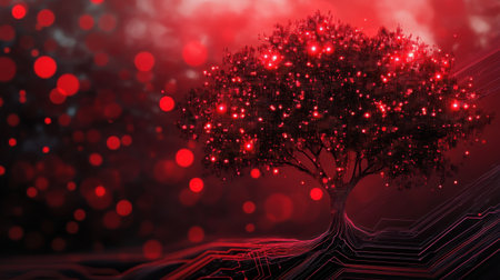 A digitally inspired abstract tree with red lighting and circuit board patterns, blending nature with modern technology.の素材