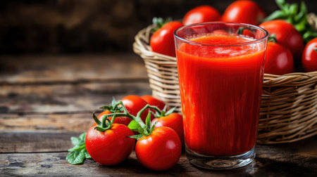 Freshly squeezed tomato juice in a glass alongside a basket brimming with juicy tomatoes on a wooden table.の素材