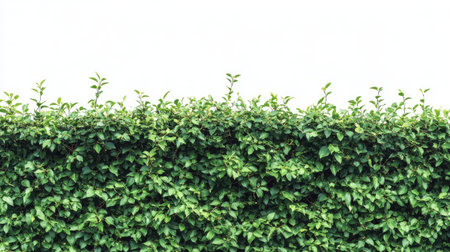 Green hedge wall isolated on a plain white background, providing a clean, natural element for landscaping concepts.の素材