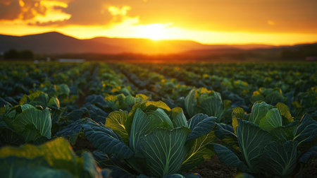 Lush rows of cabbages growing in farmland at sunset, with the orange glow casting a serene light over the field.の素材