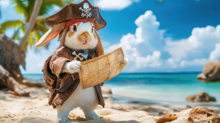A cute rabbit dressed as a pirate, exploring a tropical beach with a treasure map in hand. Adventure concept.の素材