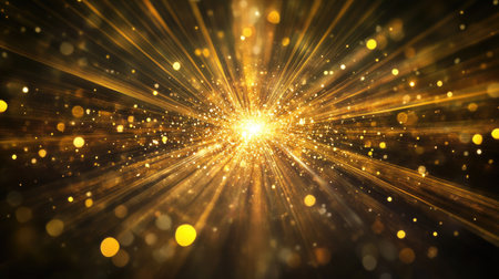 Golden light rays shine across a dark background, forming an abstract star flare effect, adding a touch of brilliance.の素材