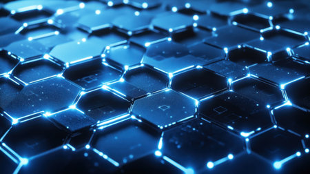 A modern hexagonal pattern with glowing blue and white accents, creating a sleek, tech-inspired background for data visualization.の素材