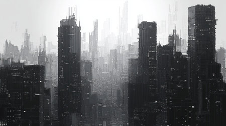 Abstract pixelated cityscape with high-rise buildings in grayscale, capturing the essence of a futuristic urban environment.の素材