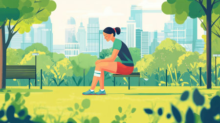AI illustration showing knee pain from osteoarthritis in a woman working out in the park, focusing on joint inflammation.の素材