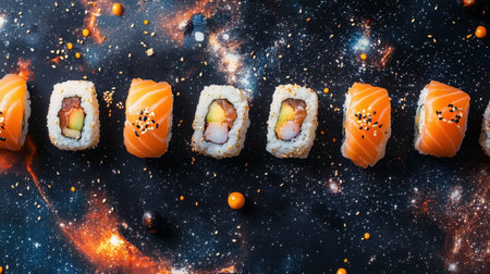 A flatlay of artistic sushi arranged to resemble galaxies and orbits, set against a cosmic backdrop. Space food concept.の素材