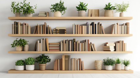 Wooden bookshelves filled with books and potted plants, isolated on a white background for a modern, natural decor vibe.の素材