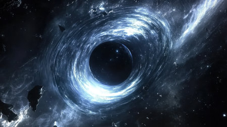 A mesmerizing black hole with luminous blue and silver rings, cosmic debris, and twinkling stars surrounding the swirling vortex.の素材