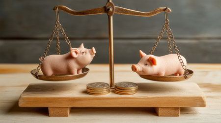 A scale with two pigs on one side and two coins on the other, resting on a wooden board. Symbolizing financial balance.の素材