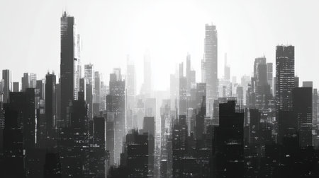 Grayscale pixelated skyline with towering skyscrapers, creating a futuristic, digital urban landscape.の素材