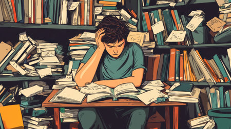 Distracted scholar overwhelmed with work, sitting in a cluttered study room. Cartoon illustration of academic stress.の素材