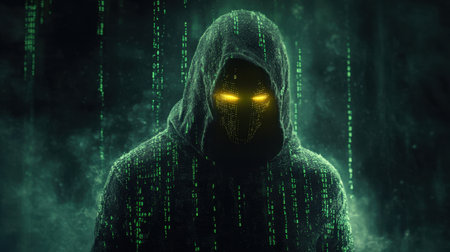 Futuristic hooded figure with a glowing yellow gaze, shrouded in green digital code resembling the Matrix, set against a dark backgroundの素材